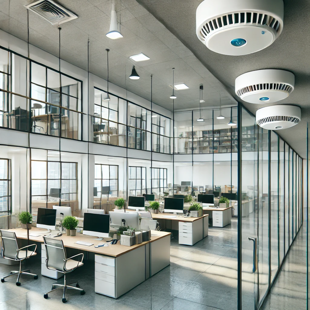 DALL·E 2024-08-14 05.37.40 - An image showing a fire alarm installation in a commercial office space. The alarm system includes a combination of smoke and heat detectors mounted o