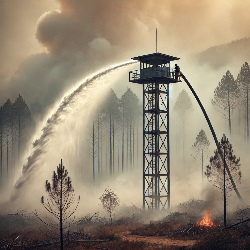 DALL·E 2024-08-14 05.45.51 - Una imagen de una torre tipo torre de vigilancia forestal, equipada con una manguera que lanza un potente chorro de agua por encima de los árboles, al